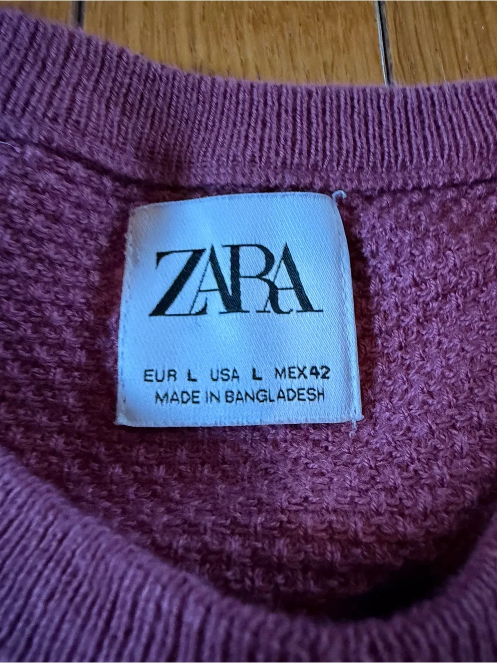 Zara Waffle Knit Lightweight Crewneck Sweater Long Sleeve Plum Color Sz Large